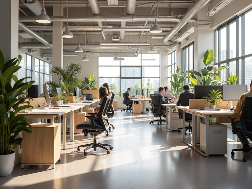 现代化办公室内部,员工在讨论项目,绿色植物装饰,自然光线充足,体现环保理念